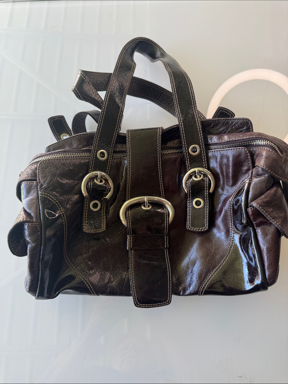 Dark Brown Patent Leather & leather Satchel Bag